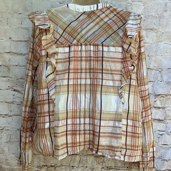 Current Air Anthropologie Polly Plaid Ruffled Shirt Top Blouse Sz Large L Cute - Picture 4 of 10